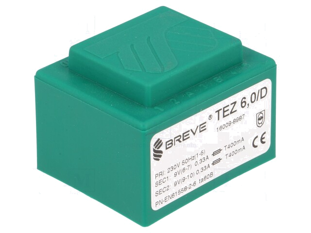 Transformator: ingegoten; 6VA; 230VAC; 9V; 9V; 333,3mA; 333,3mA; PCB