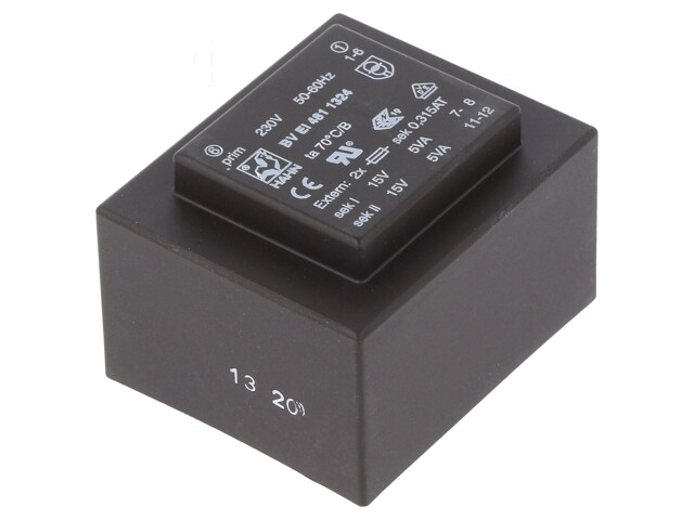 Transformator: ingegoten; 10VA; 230VAC; 15V; 15V; 333mA; 333mA; PCB