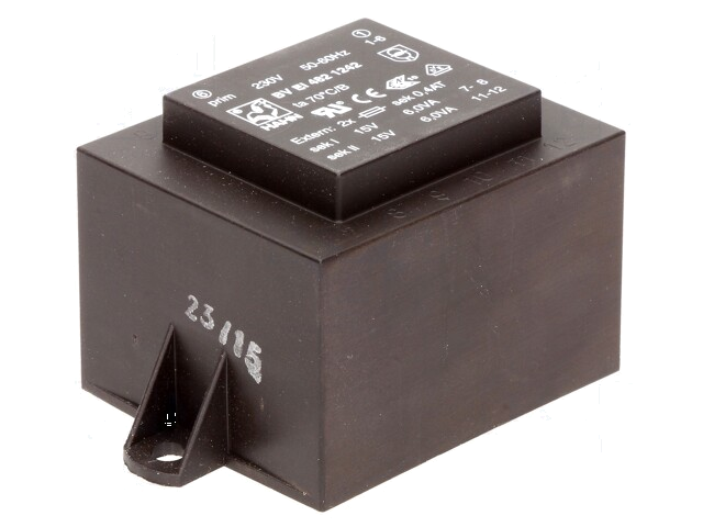 Transformator: ingegoten; 12VA; 230VAC; 15V; 15V; 400mA; 400mA; PCB