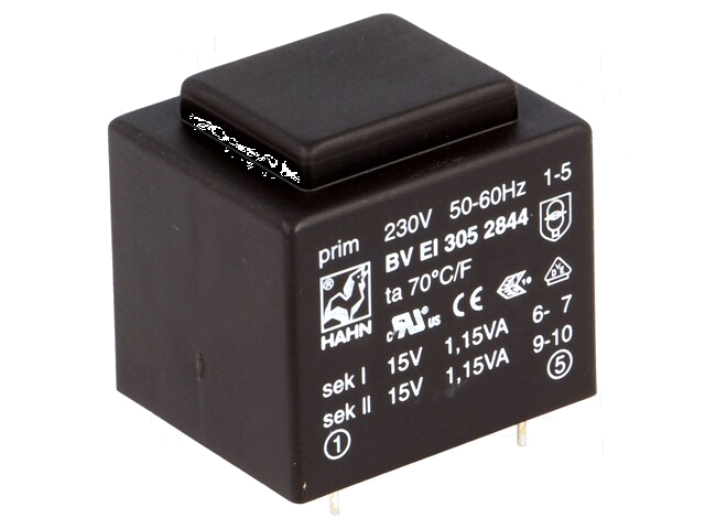 Transformator: ingegoten; 2,3VA; 230VAC; 15V; 15V; 76mA; 76mA; PCB