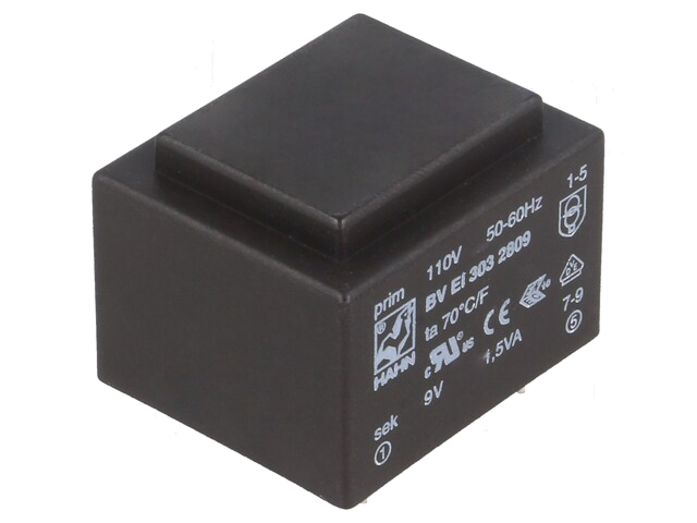 Transformator: ingegoten; 1,5VA; 110VAC; 9V; 167mA; PCB; BVEI