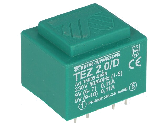 Transformator: ingegoten; 2VA; 230VAC; 9V; 9V; 111,1mA; 111,1mA; PCB
