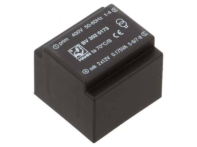 Transformator: ingegoten; 0,35VA; 400VAC; 12V; 12V; 15mA; 15mA; PCB