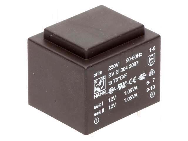 Transformator: ingegoten; 2,1VA; 230VAC; 12V; 12V; 88mA; 88mA; PCB