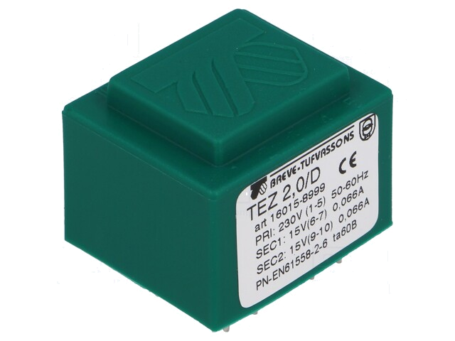 Transformator: ingegoten; 2VA; 230VAC; 15V; 15V; 66,6mA; 66,6mA; PCB