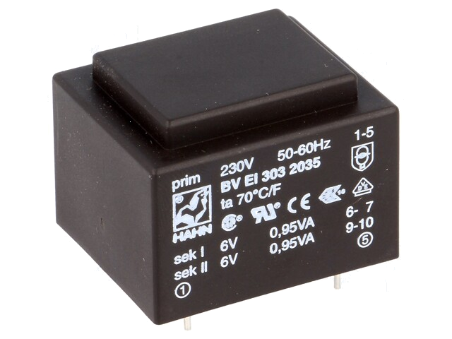 Transformator: ingegoten; 1,9VA; 230VAC; 6V; 6V; 158mA; 158mA; PCB