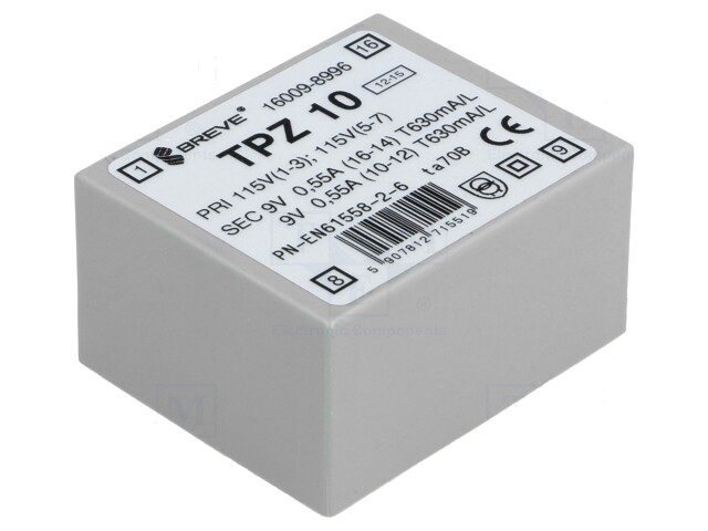 Transformator: netwerk; 10VA; 115VAC,230VAC; 9V; 9V; PCB; IP00
