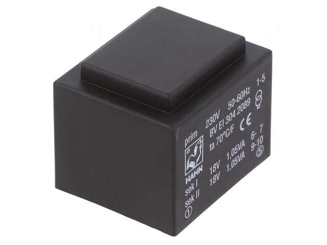 Transformator: ingegoten; 2,1VA; 230VAC; 18V; 18V; 58mA; 58mA; PCB