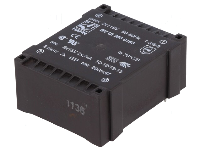 Transformator: ingegoten; 6VA; 115VACx2; 15V; 15V; 200mA; 200mA; PCB