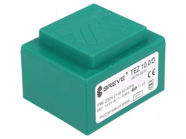 Transformator: ingegoten; 10VA; 230VAC; 10,5V; 952,3mA; PCB; IP00