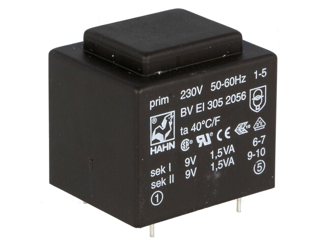 Transformator: ingegoten; 3VA; 230VAC; 9V; 9V; 167mA; 167mA; PCB