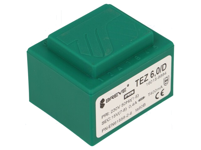 Transformator: ingegoten; 6VA; 230VAC; 15V; 400mA; PCB; IP00; A: 38mm