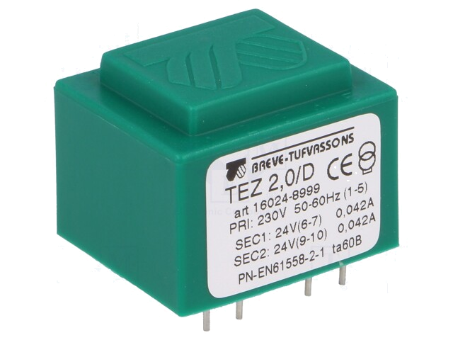 Transformator: ingegoten; 2VA; 230VAC; 24V; 24V; 41,6mA; 41,6mA; PCB