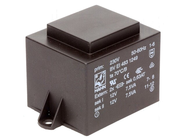 Transformator: ingegoten; 15VA; 230VAC; 12V; 12V; 625mA; 625mA; PCB
