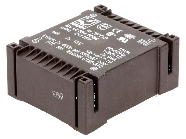 Transformator: ingegoten; 18VA; 115VACx2; 15V; 15V; 600mA; 600mA