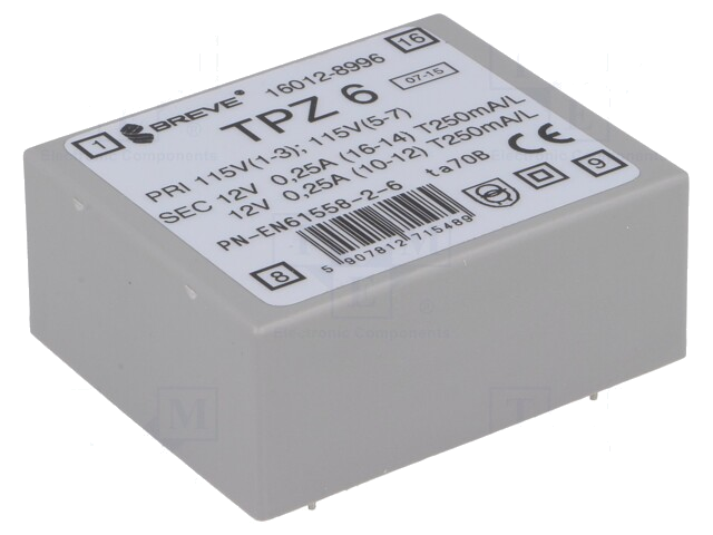 Transformator: netwerk; 6VA; 115VAC,230VAC; 12V; 12V; 250mA; PCB