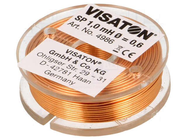 Smoorspoel: luchtspoel; 1mH; 1,3Ω; Ø: 37mm; H: 12mm; Øaders: 0,6mm