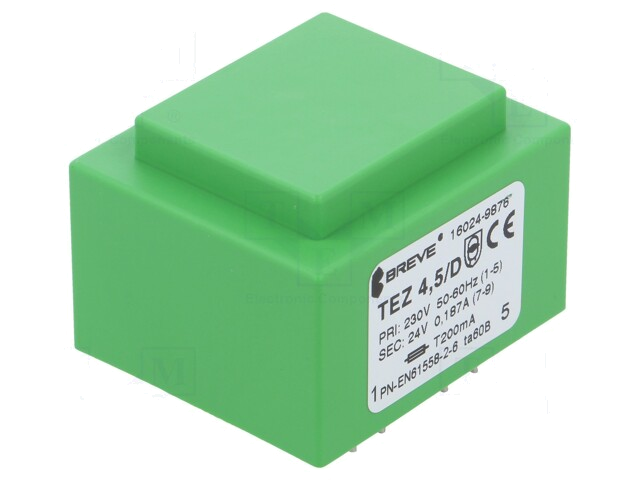 Transformator: ingegoten; 4,5VA; 230VAC; 24V; 188mA; PCB; IP00; TEZ