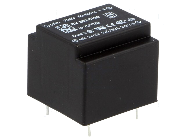 Transformator: ingegoten; 0,5VA; 230VAC; 12V; 12V; 21mA; 21mA; PCB