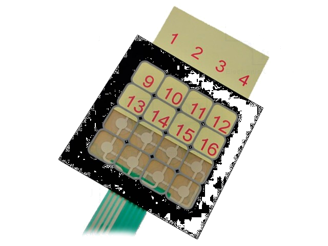 Toetsenbord: membraan-; Aant.knop: 16; W: 80mm; Raster: 2,54mm