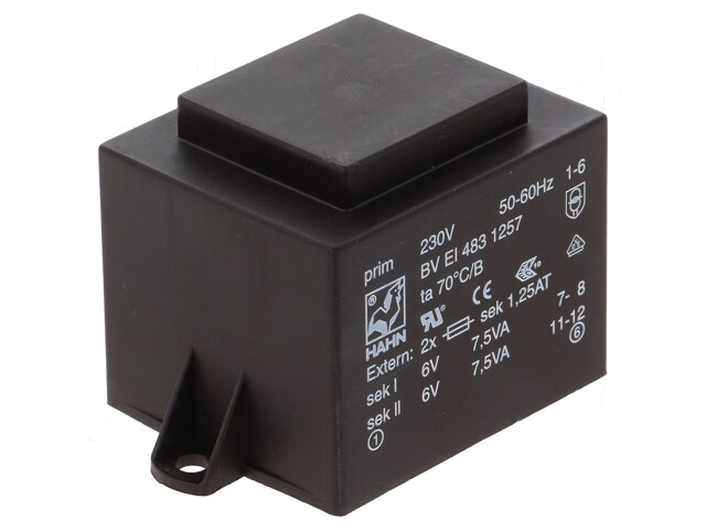 Transformator: ingegoten; 15VA; 230VAC; 6V; 6V; 1,25A; 1,25A; PCB