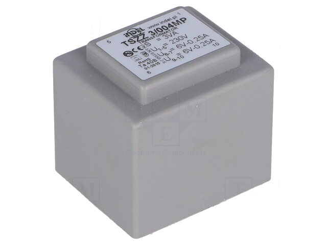 Transformator: ingegoten; 3VA; 230VAC; 6V; 6V; 250mA; 250mA; PCB