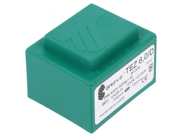 Transformator: ingegoten; 6VA; 400VAC; 12V; 12V; 250mA; 250mA; PCB
