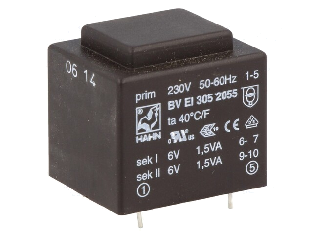 Transformator: ingegoten; 3VA; 230VAC; 6V; 6V; 250mA; 250mA; PCB