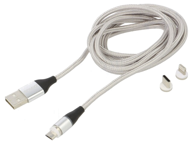 Kabel; magnetisch,USB 2.0; 2m; grijs; 480Mbps; textiel; 3A