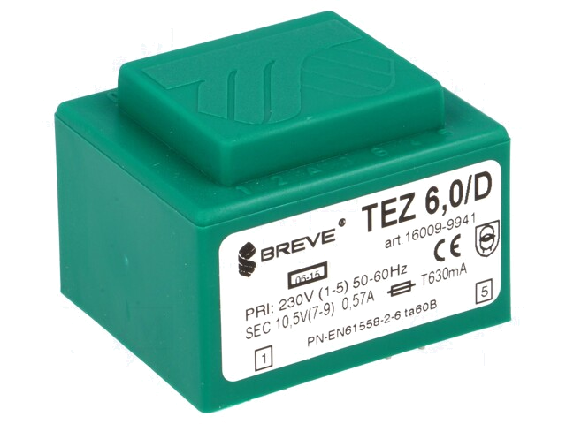 Transformator: ingegoten; 6VA; 230VAC; 10,5V; 571,4mA; PCB; IP00