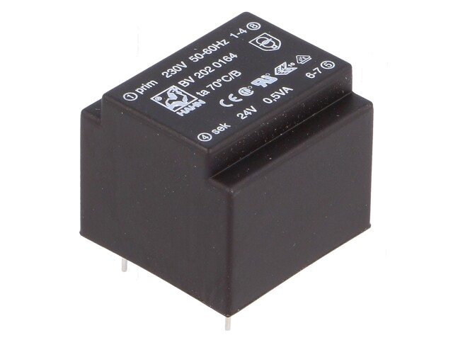 Transformator: ingegoten; 0,5VA; 230VAC; 24V; 21mA; PCB; BV