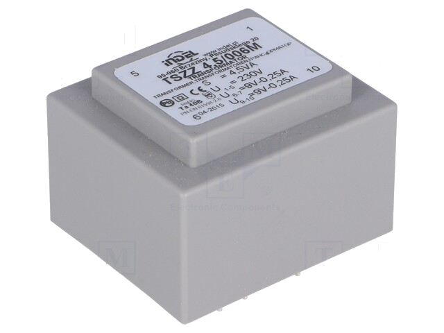 Transformator: ingegoten; 4,5VA; 230VAC; 9V; 9V; 250mA; 220mA; PCB
