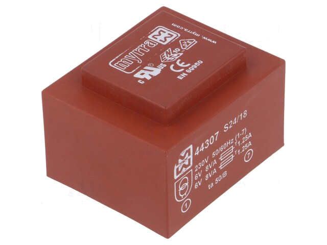 Transformator: ingegoten; 16VA; 230VAC; 6V; 6V; 1333mA; 1333mA; PCB