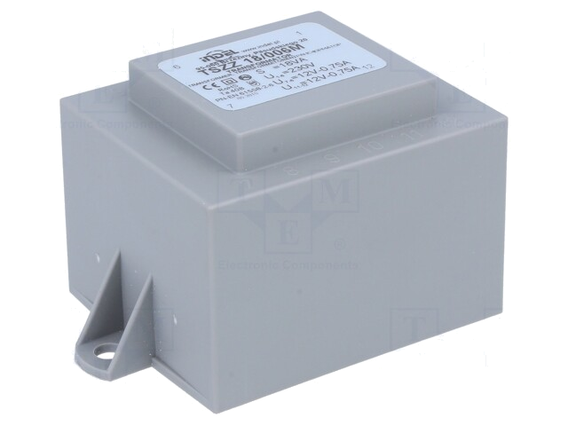Transformator: ingegoten; 18VA; 230VAC; 12V; 12V; 750mA; 750mA; PCB