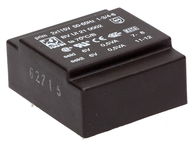 Transformator: ingegoten; 1VA; 115VACx2; 6V; 6V; 82mA; 82mA; PCB