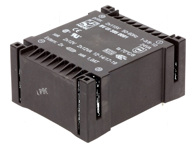 Transformator: ingegoten; 24VA; 115VACx2; 12V; 12V; 1A; 1A; PCB; BVUI