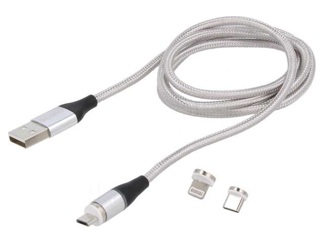 Kabel; magnetisch,USB 2.0; 1m; grijs; 480Mbps; textiel; 3A