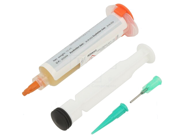 Flux: vioolhars; halogeenvrije,ROL0; gel; spuit; 10ml; geel