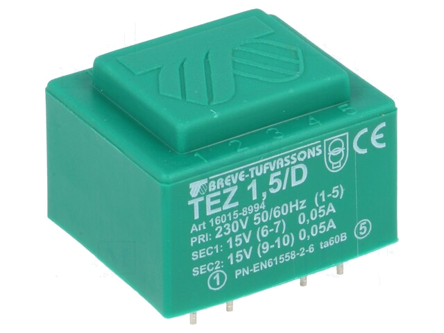 Transformator: ingegoten; 1,5VA; 230VAC; 15V; 15V; 5mA; 50mA; PCB