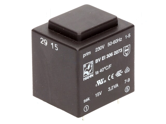 Transformator: ingegoten; 3,2VA; 230VAC; 15V; 213mA; PCB; BVEI