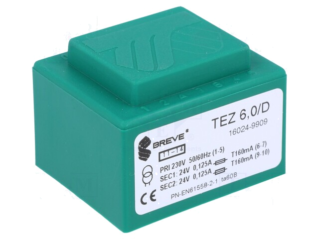 Transformator: ingegoten; 6VA; 230VAC; 24V; 24V; 125mA; 125mA; PCB