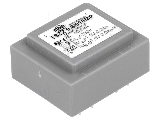 Transformator: ingegoten; 0,6VA; 230VAC; 7,5V; 7,5V; 40mA; 40mA; PCB