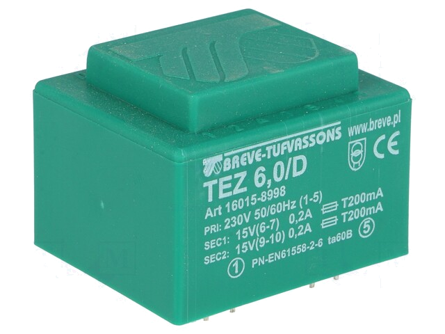 Transformator: ingegoten; 6VA; 230VAC; 15V; 15V; 200mA; 200mA; PCB