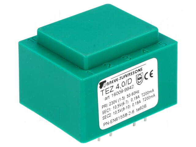 Transformator: ingegoten; 4VA; 230VAC; 10,5V; 10,5V; 190,4mA; PCB