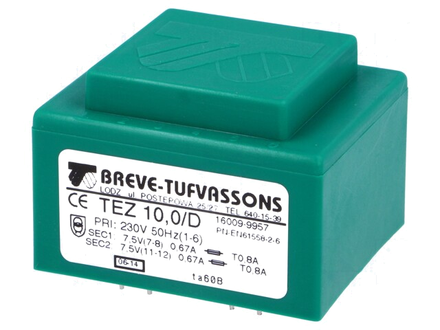 Transformator: ingegoten; 10VA; 230VAC; 7,5V; 7,5V; 666,6mA; PCB