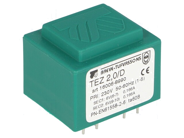 Transformator: ingegoten; 2VA; 230VAC; 6V; 6V; 166,6mA; 166,6mA; PCB
