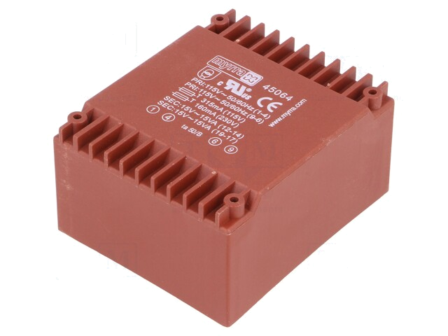 Transformator: ingegoten; 30VA; 115VAC,230VAC; 15V; 15V; 1A; 1A; PCB