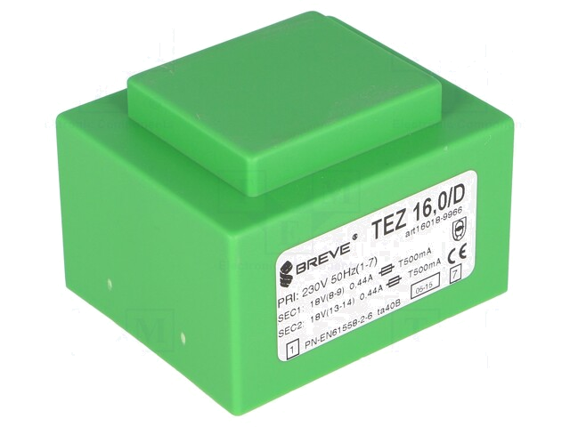 Transformator: ingegoten; 16VA; 230VAC; 18V; 18V; 444,4mA; 444,4mA