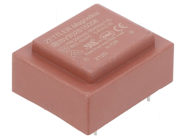 Transformator: ingegoten; 0,6VA; 230VAC; 15V; 40mA; PCB