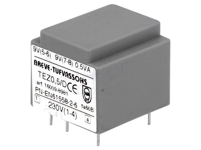 Transformator: ingegoten; 0,5VA; 230VAC; 9V; 9V; 27,7mA; 27,7mA; PCB